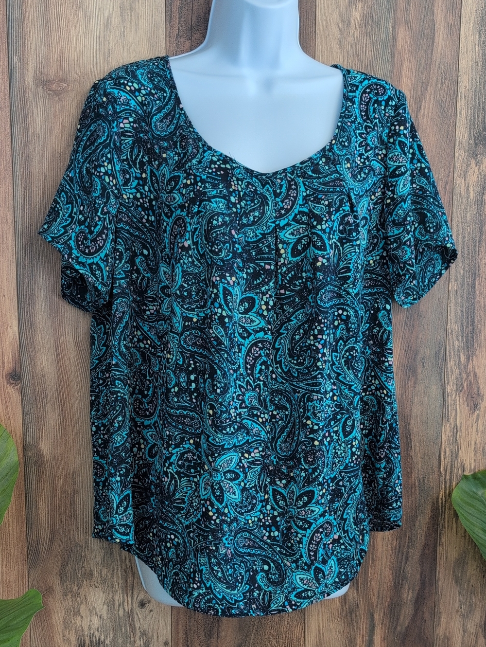 Kim Rogers Paisley Short Sleeve Scoop Neck Top Blouse XL T247